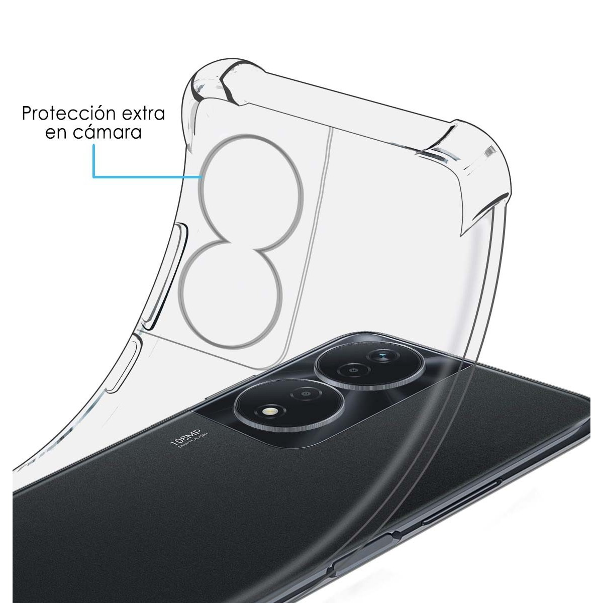 Custodia per telefono con una vista ravvicinata del telefono e della sua fotocamera. La custodia ha una protezione extra per la fotocamera.