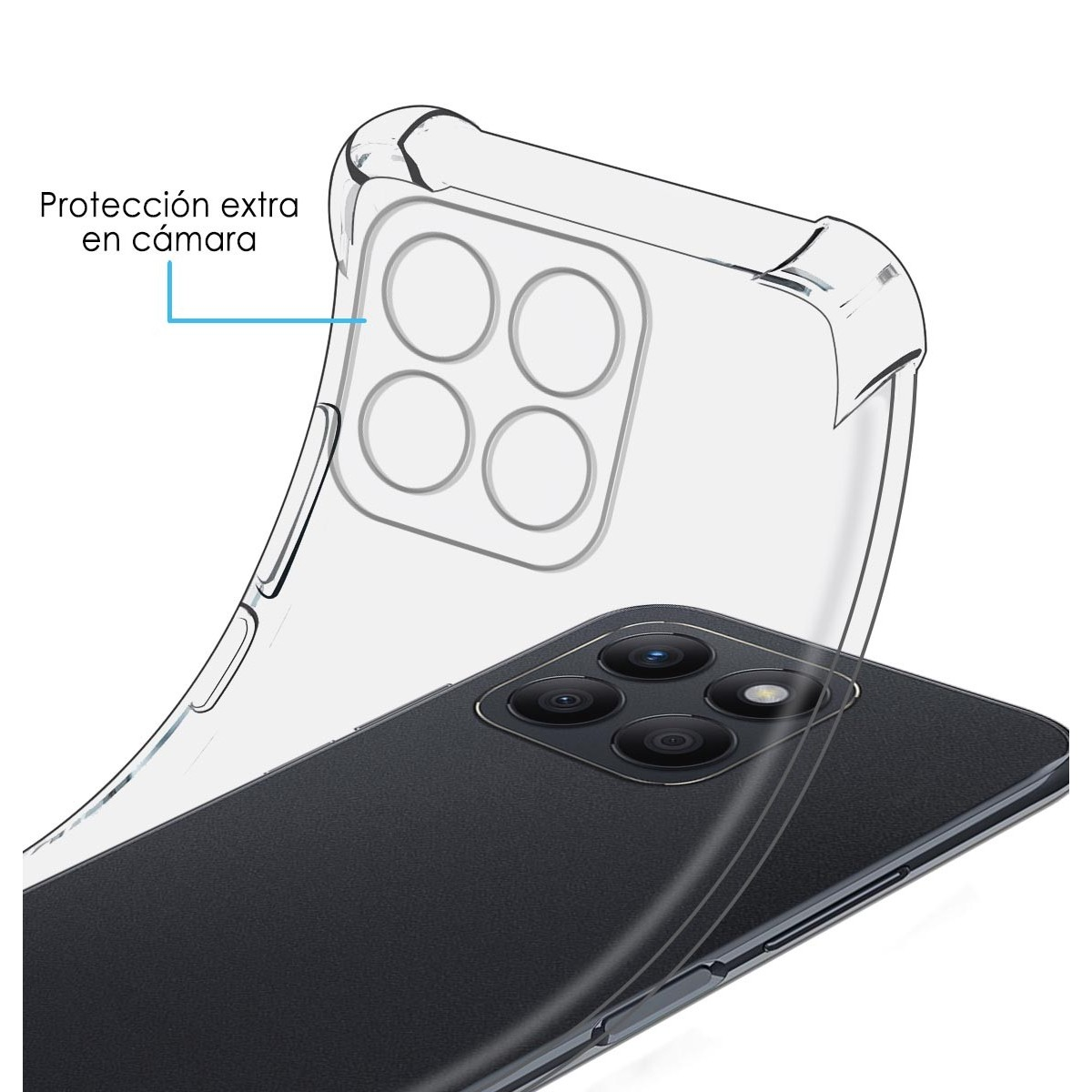 Funda de teléfono con parte trasera transparente y protección de cámara. Cubre trasera y lados.