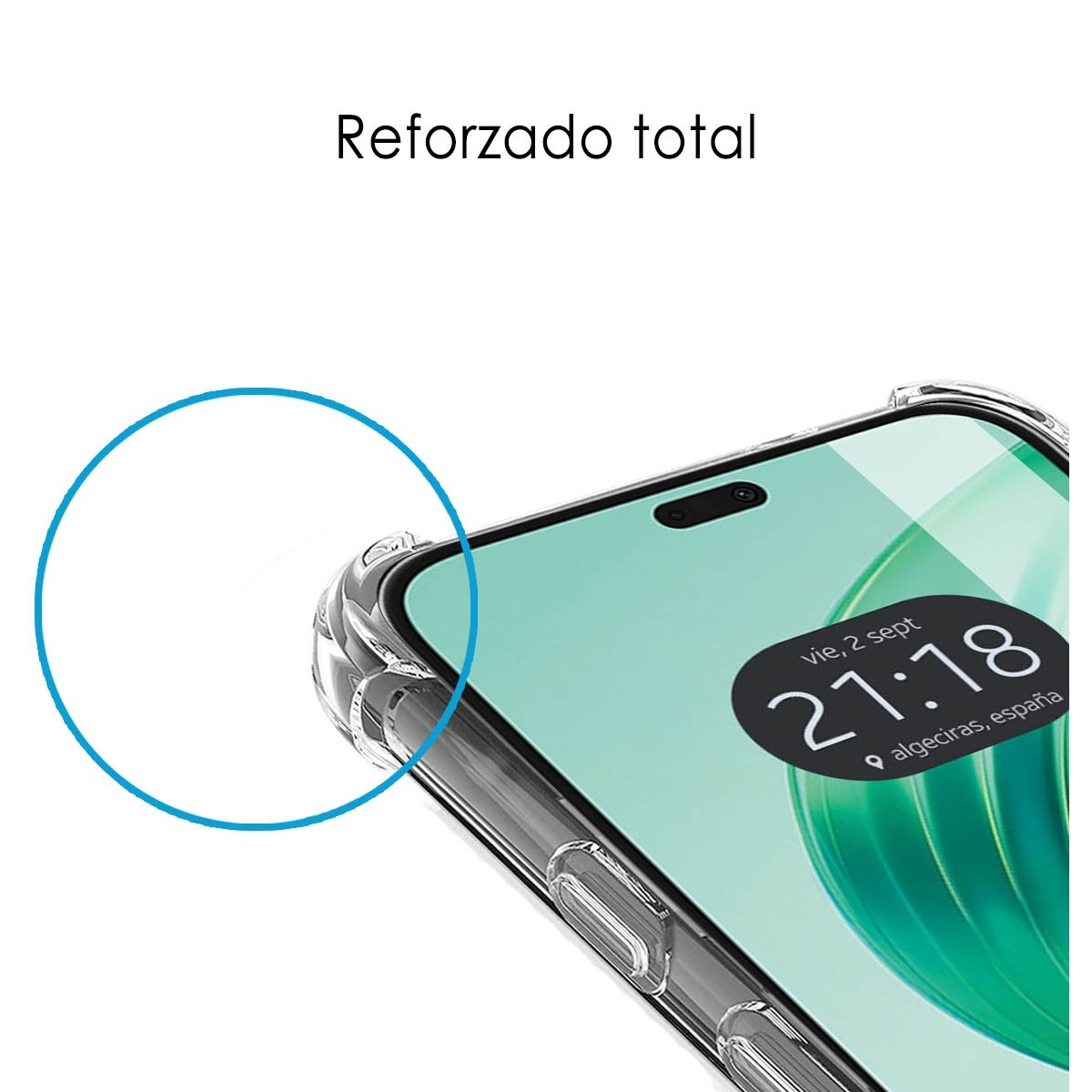 La imagen muestra un teléfono con pantalla parcialmente visible, mostrando hora y ubicación, y una funda transparente.
