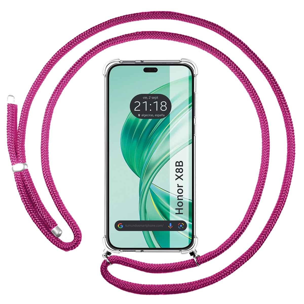 Telefono in una custodia con cordino rosa. Lo schermo mostra l'ora e il luogo.
