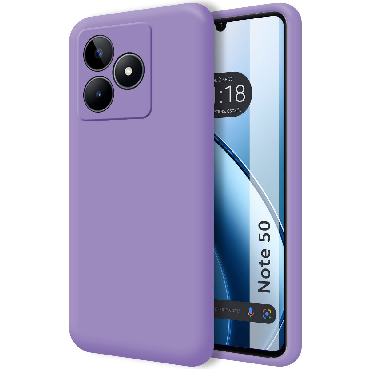 Custodia per telefono viola con un telefono. Mostra 'Note 50'.