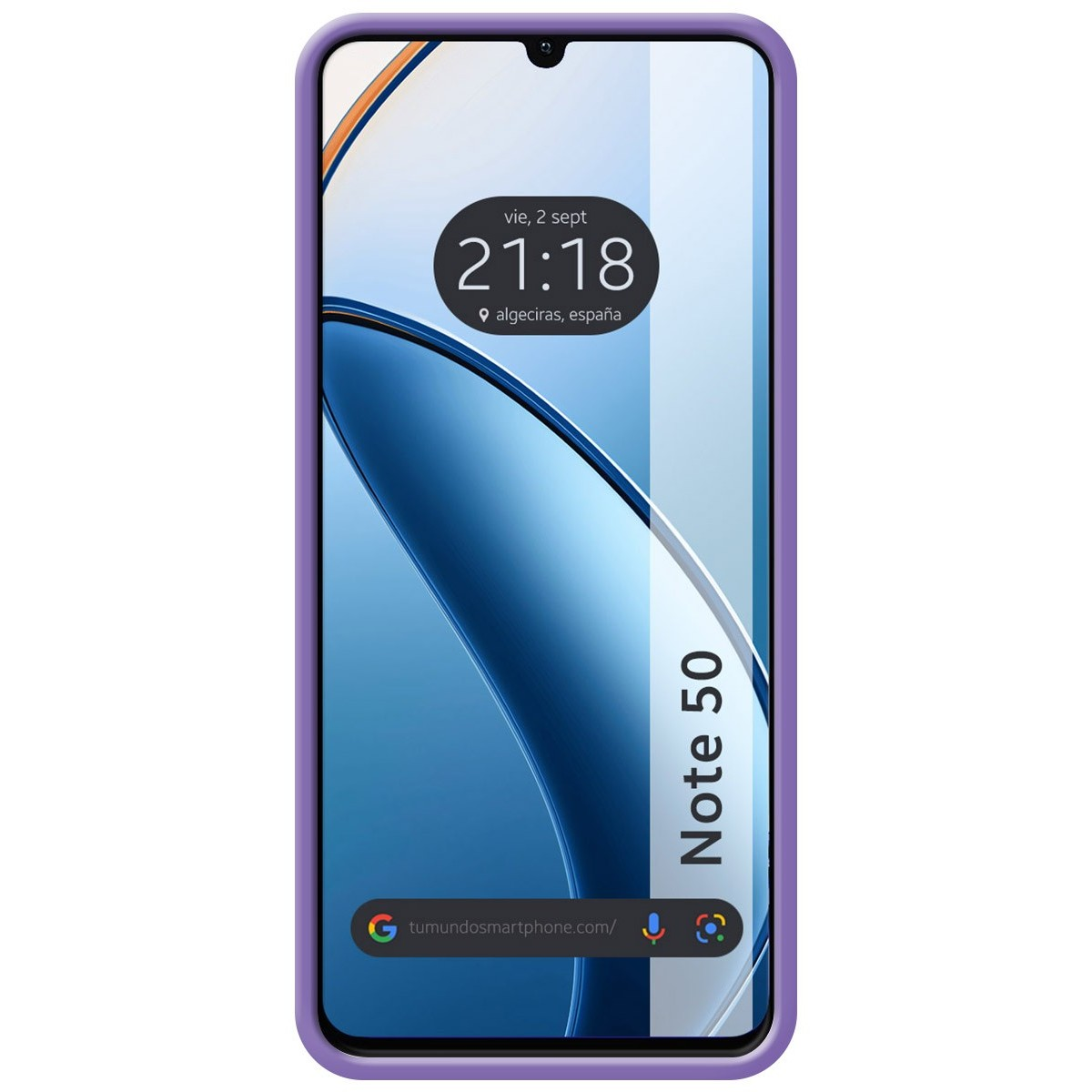 Una custodia per telefono viola con uno schermo che mostra l'ora e il nome del telefono.