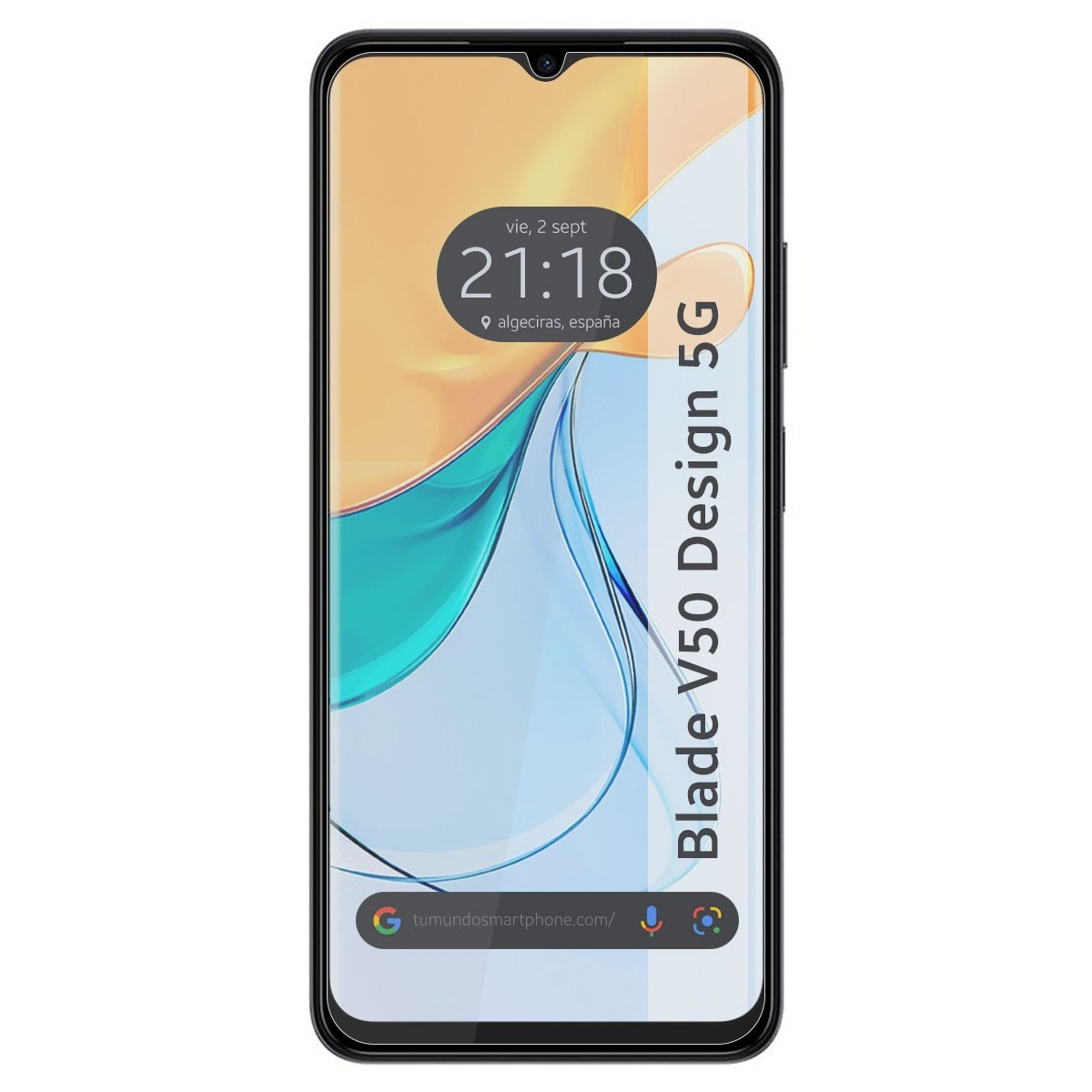 Uno smartphone nero con uno schermo che mostra l'ora e la data e le parole 'Blade V50 Design 5G'.