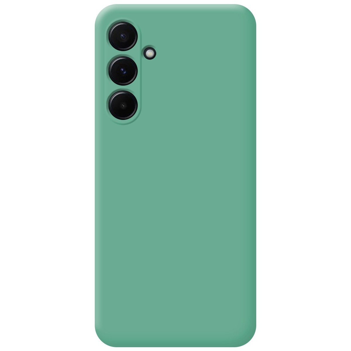 Una custodia per smartphone verde chiaro con tre fotocamere. La custodia è semplice e pulita.