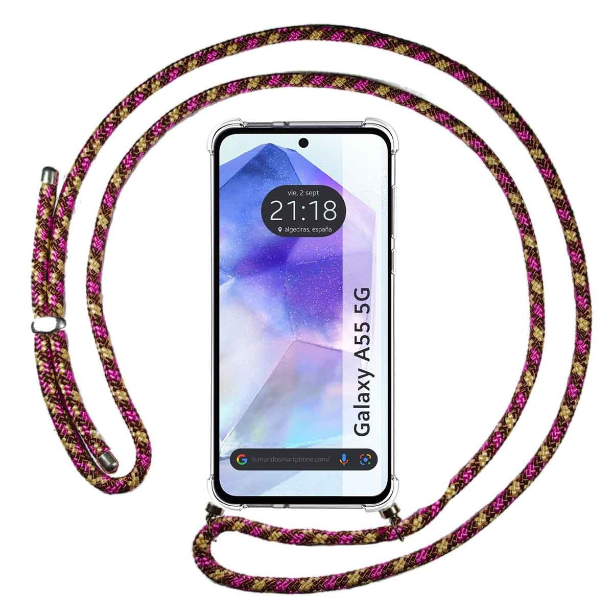 Telefono con cordino viola e oro e custodia. Schermo mostra 21:18 e data: 2 set.