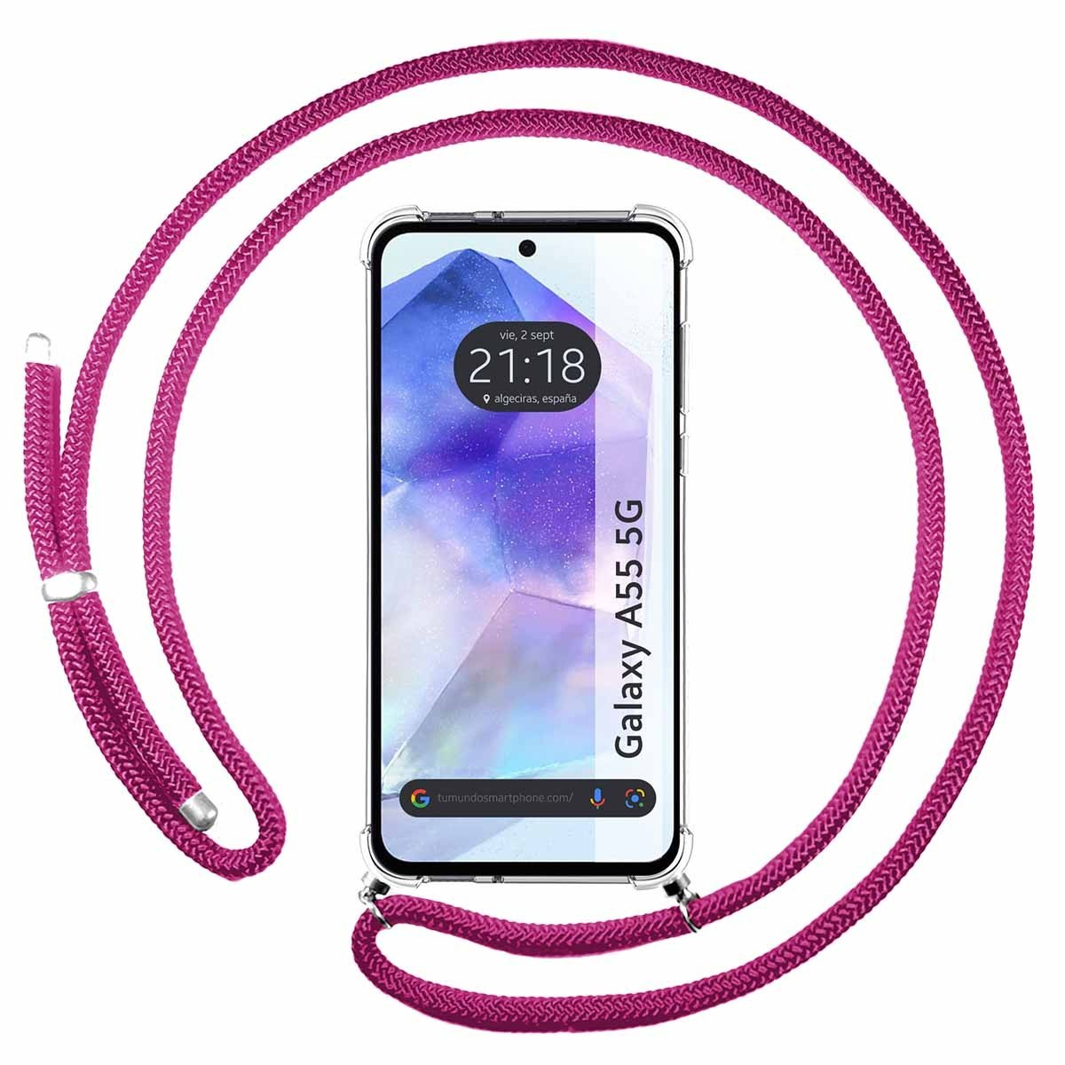 Un telefono con una custodia trasparente e un cordino rosa attorno.