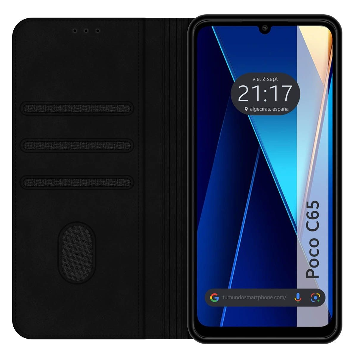 Un telefono in una custodia a portafoglio nera, aperto per mostrare lo schermo con l'ora.
