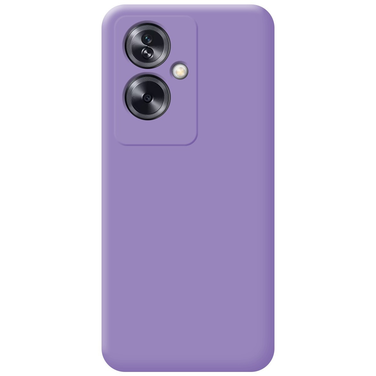 Una custodia per telefono viola. La custodia ha due obiettivi della fotocamera e un flash.