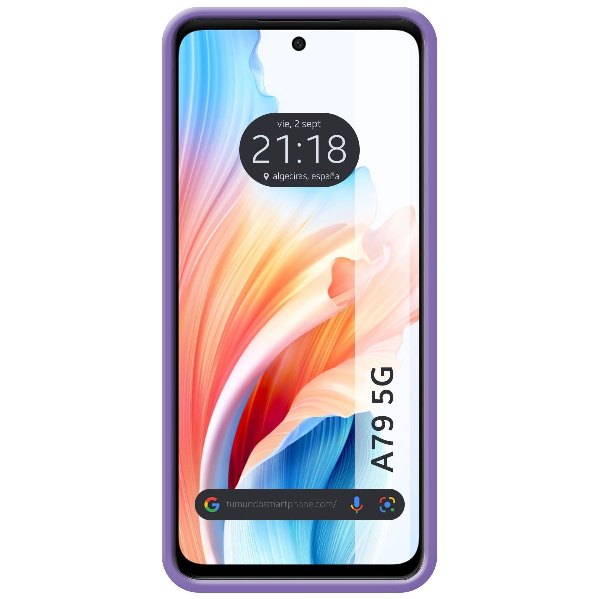 Un telefono con una custodia viola, schermo che mostra ora, posizione e design astratto.