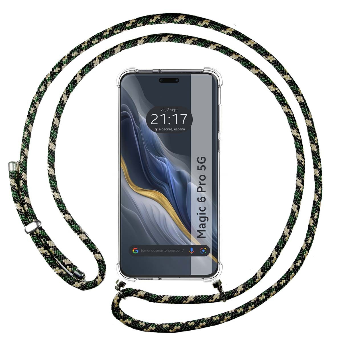 Telefono con cinturino a motivo mimetico. Il telefono mostra l'ora. La custodia è trasparente. 5G è scritto sul telefono.