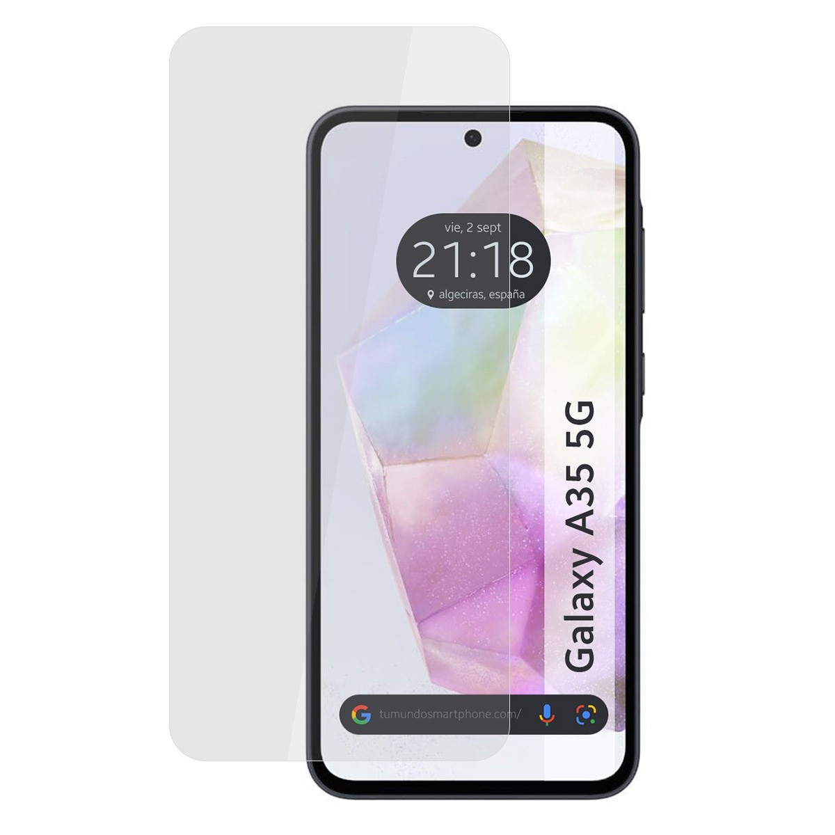 Pantalla del teléfono Galaxy A35 5G con protector de pantalla. Fondo blanco. Hora mostrada: 21:18.