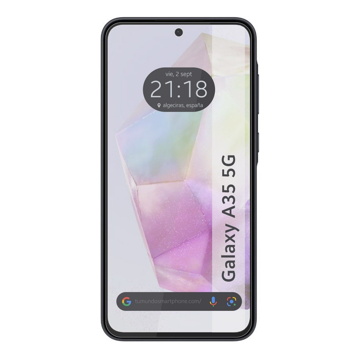 Teléfono con pantalla que muestra información de hora, fecha y ubicación, con marca 5G.