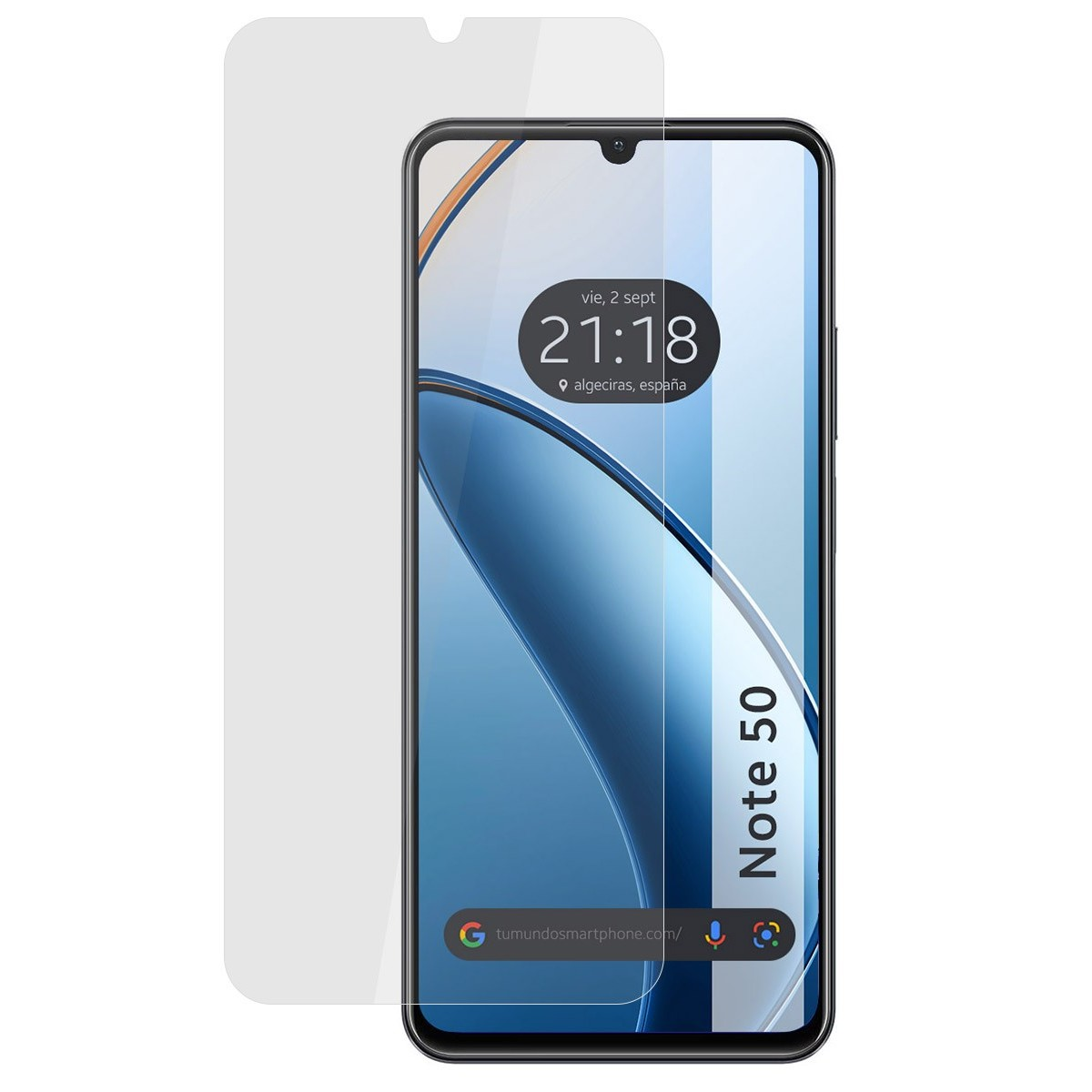 Schermo del telefono con protezione. Lo schermo mostra ora e luogo.