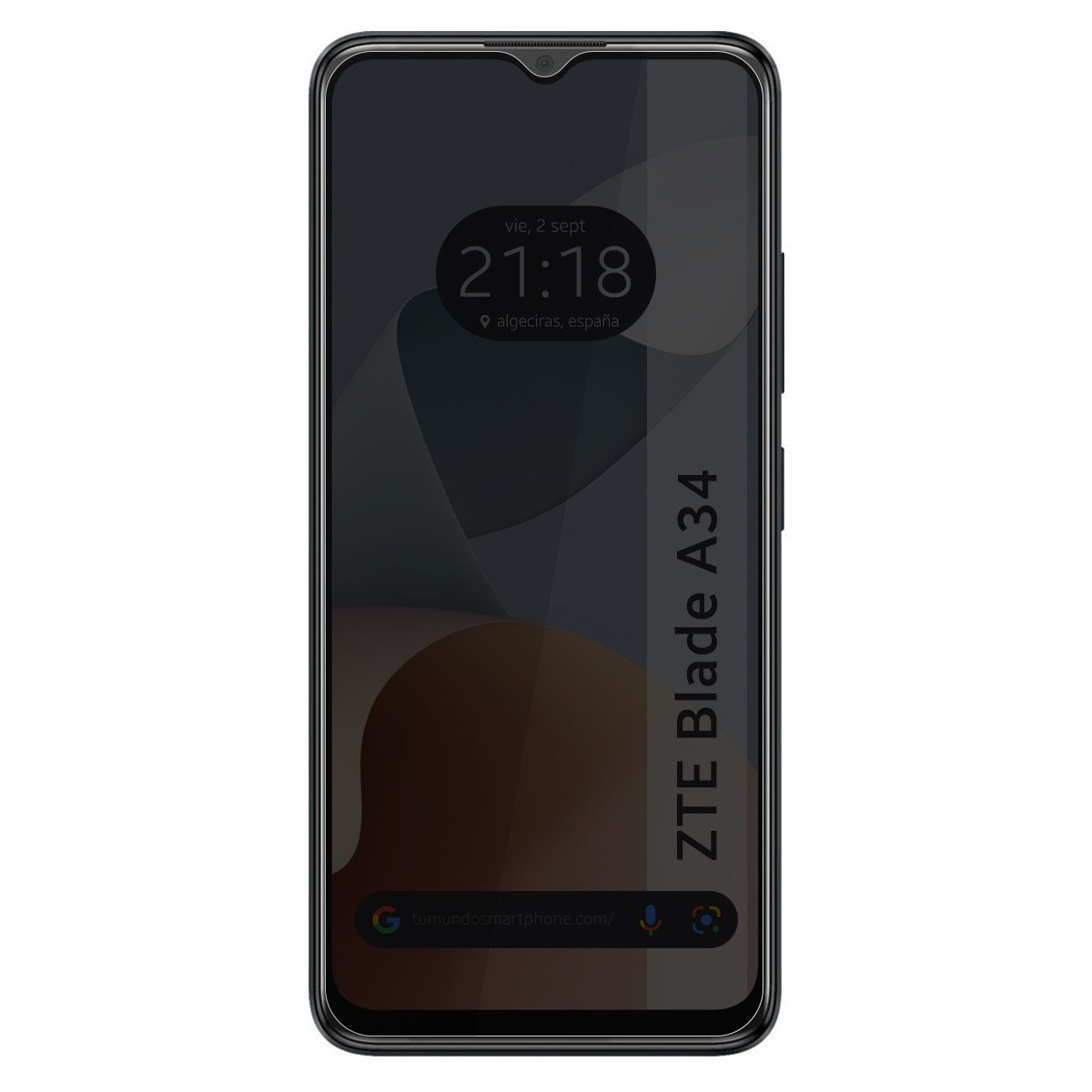 Telefono che mostra data/ora: 2 sett., 21:18, algeciras, españa. Il telefono è etichettato ZTE Blade A34.