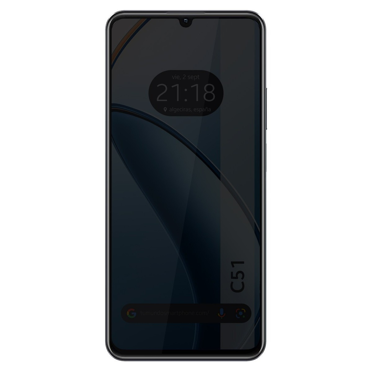 Schermo dello smartphone con display scuro, mostra ora e data. Il telefono è nero, con la scritta "C51".