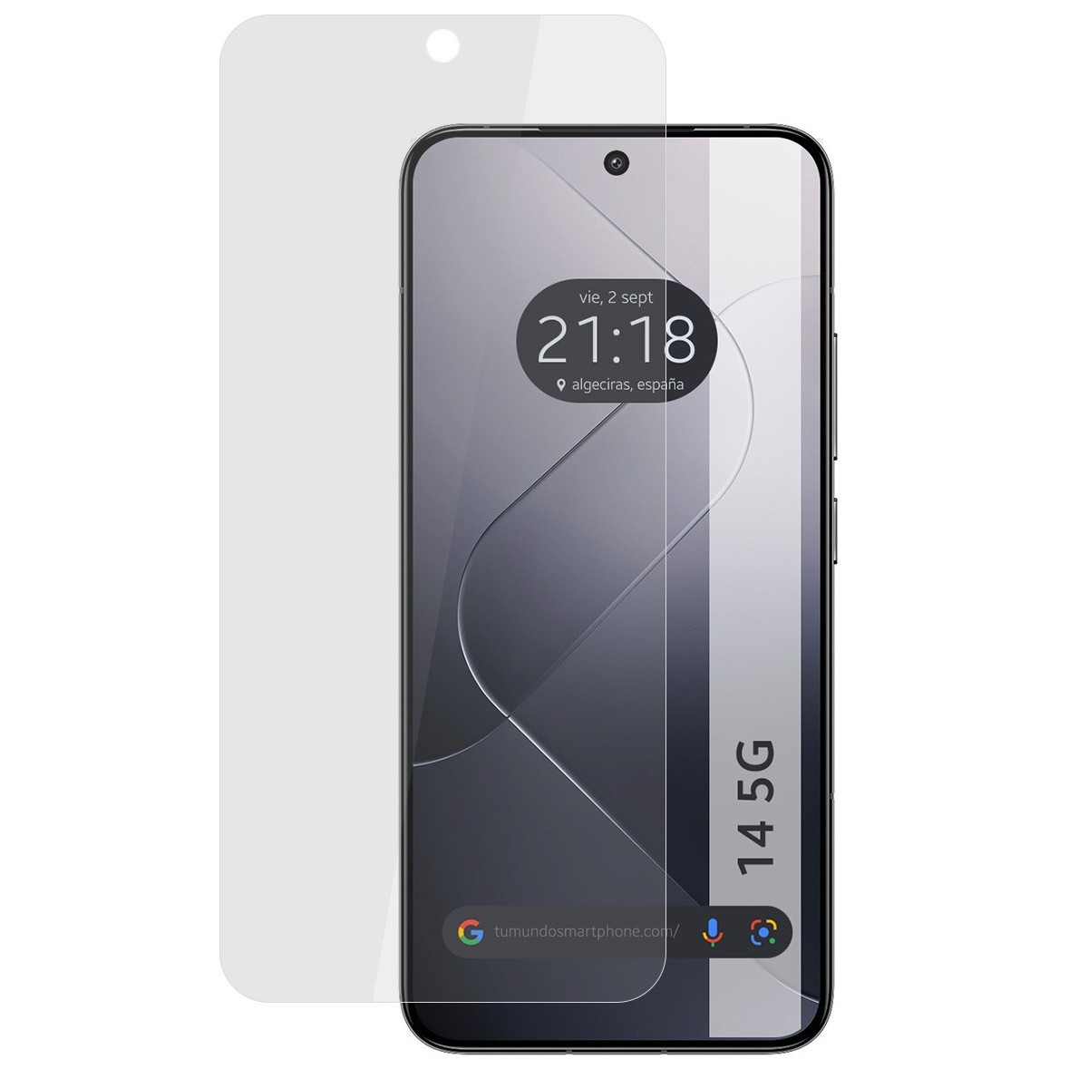 Un teléfono y un protector de pantalla. Pantalla muestra 21:18 y fecha: 2 sept.