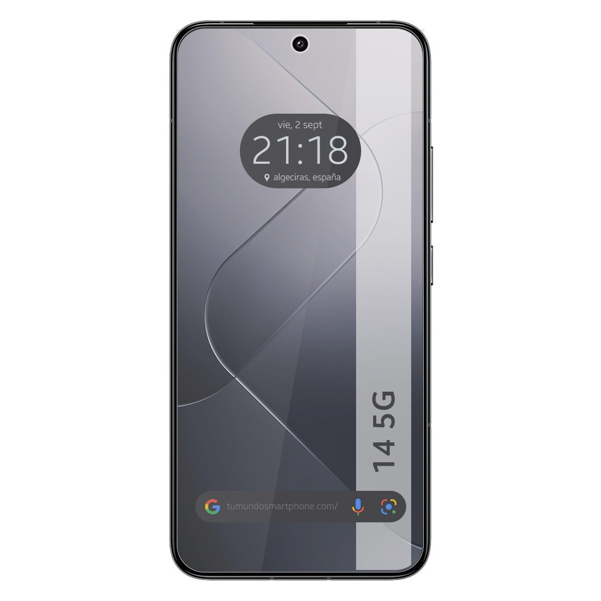 Smartphone mostrando hora y ubicación sobre un fondo gris con etiqueta 5G.