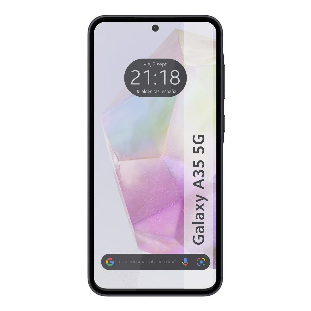 Teléfono negro con la fecha en la pantalla, mostrando un diseño similar a un cristal.