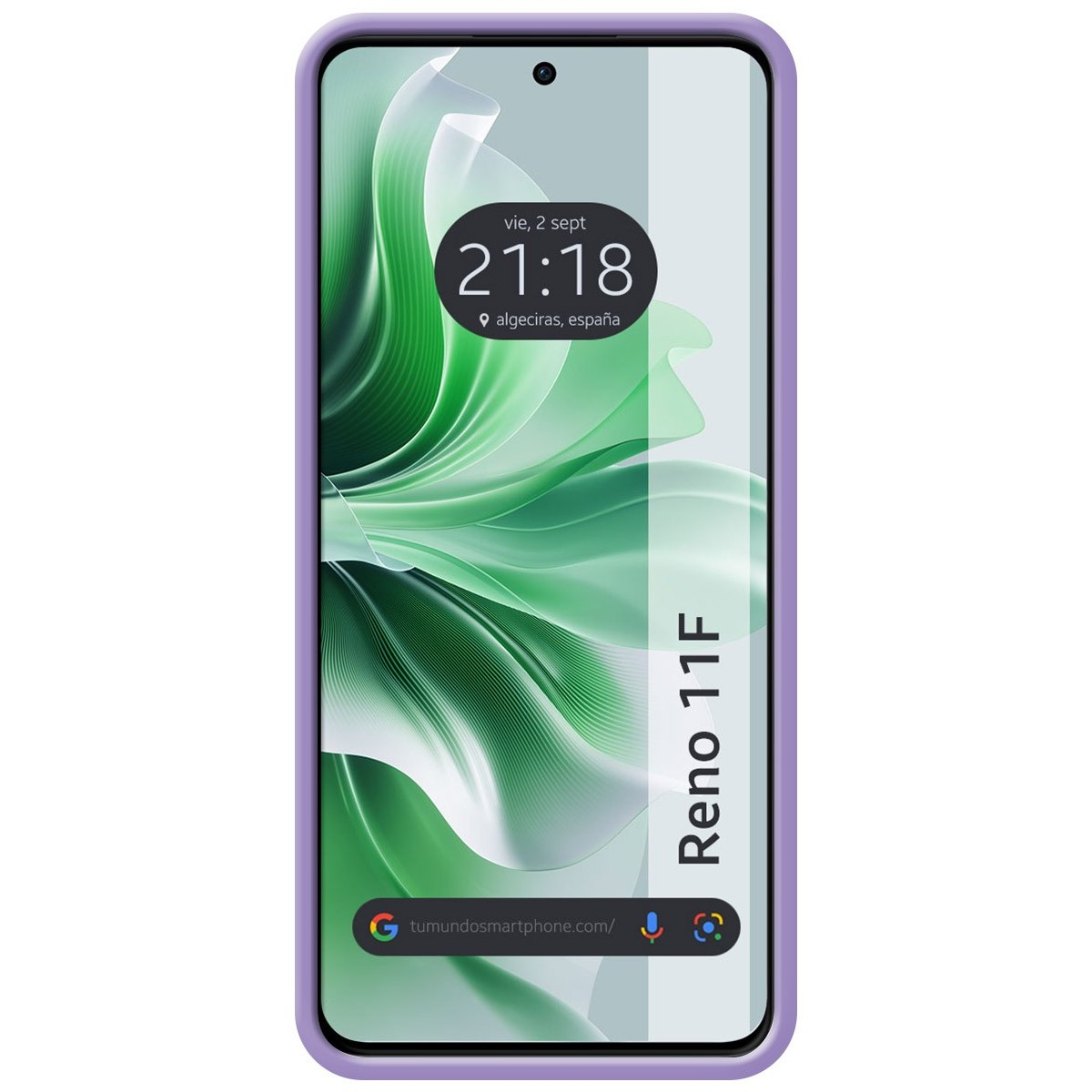 Telefono con custodia lilla. Lo schermo mostra ora, data e un design verde.