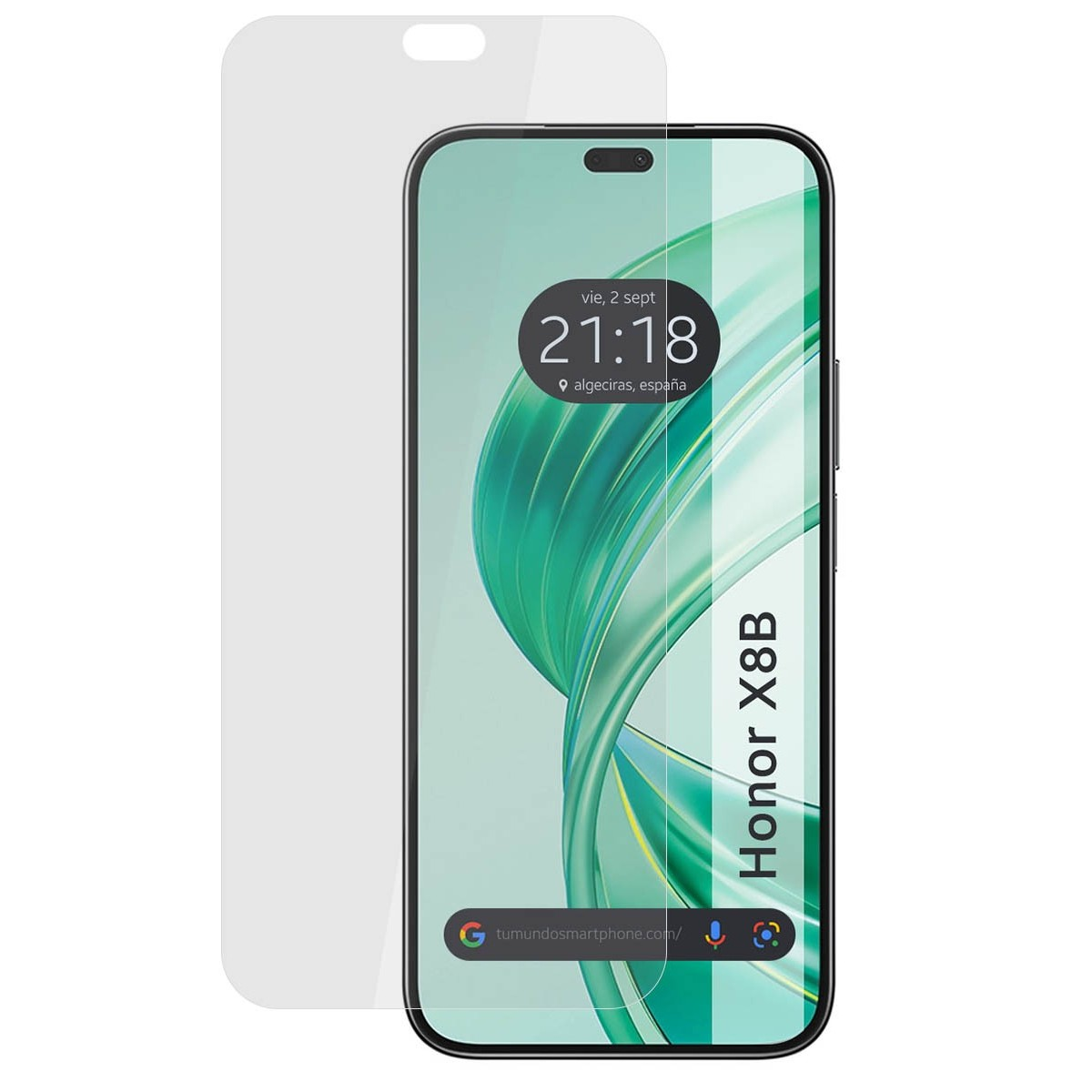 Telefono con protezione schermo. Il telefono mostra ora e data, con il testo "Honor X8B" sullo schermo.