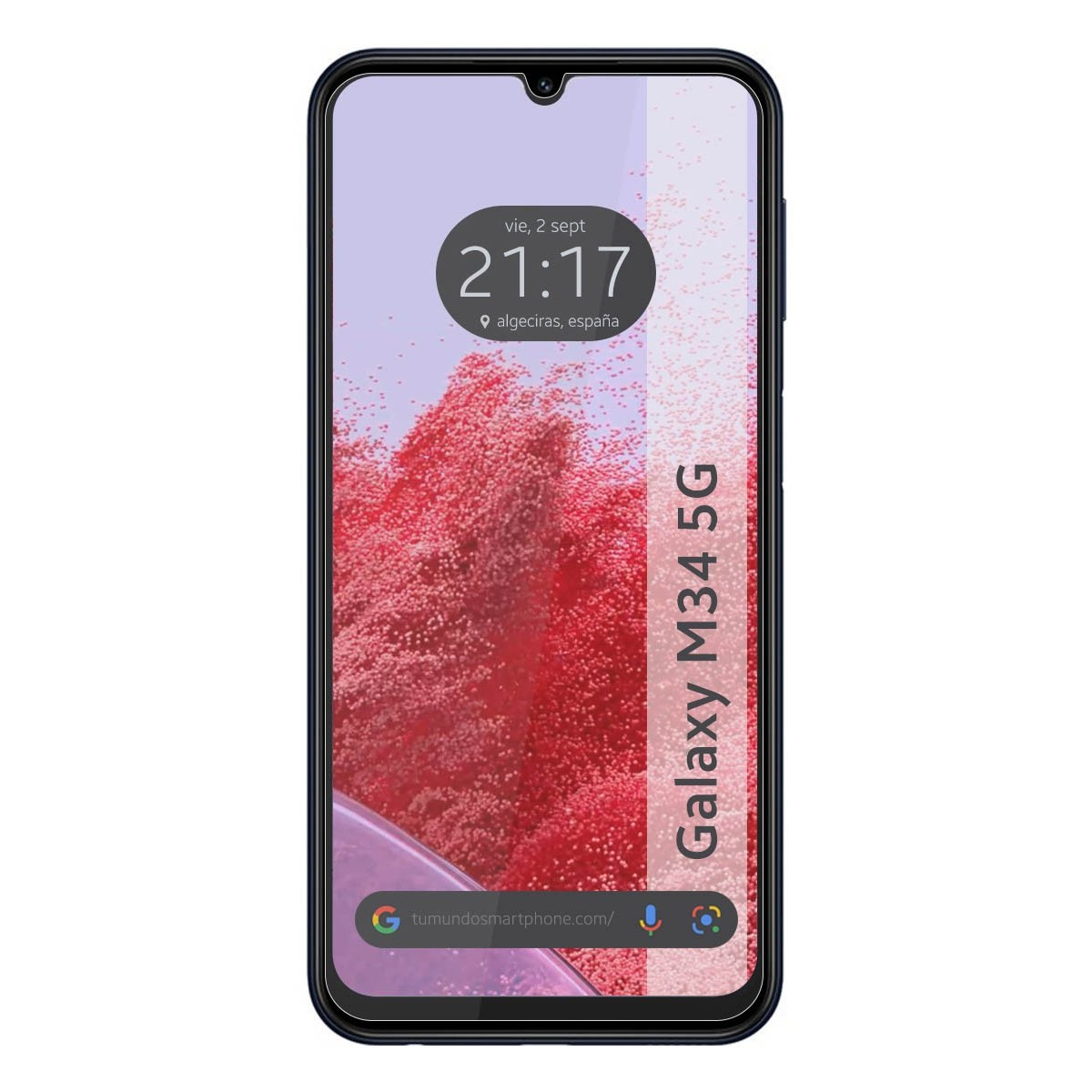 Teléfono con hora, ubicación y diseño floral rojo, con marco azul oscuro.