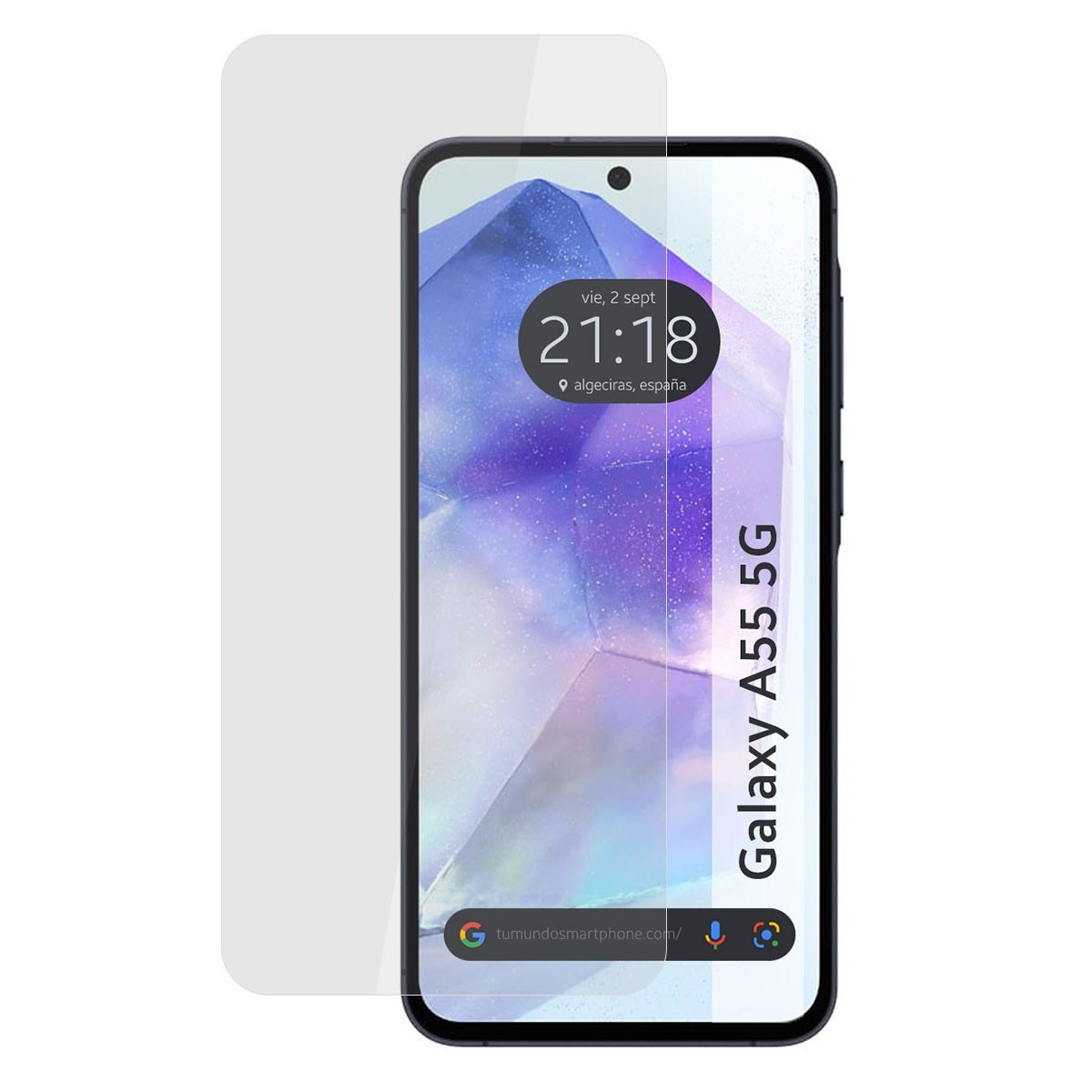 Schermo del telefono con visualizzazione dell'ora e protezione dello schermo. Testo Galaxy A55 5G.