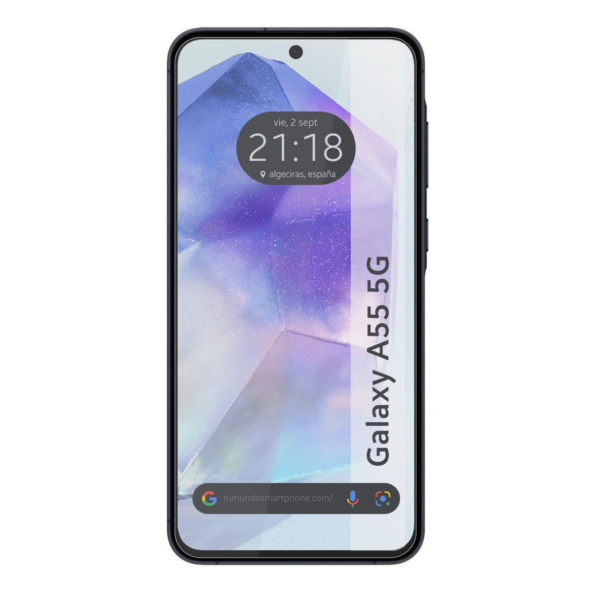 Smartphone Galaxy A55 5G nero che mostra l'ora. Lo schermo è scuro con un piccolo notch.