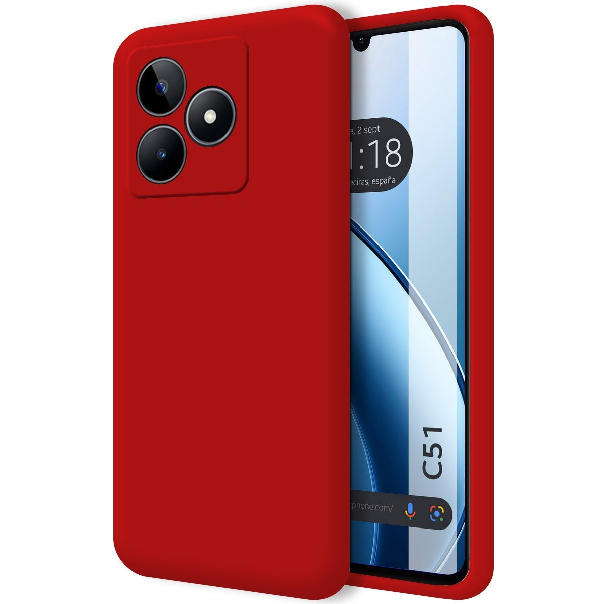 Custodia per telefono rossa con configurazione a tripla fotocamera. Lo schermo del telefono è visibile a destra.