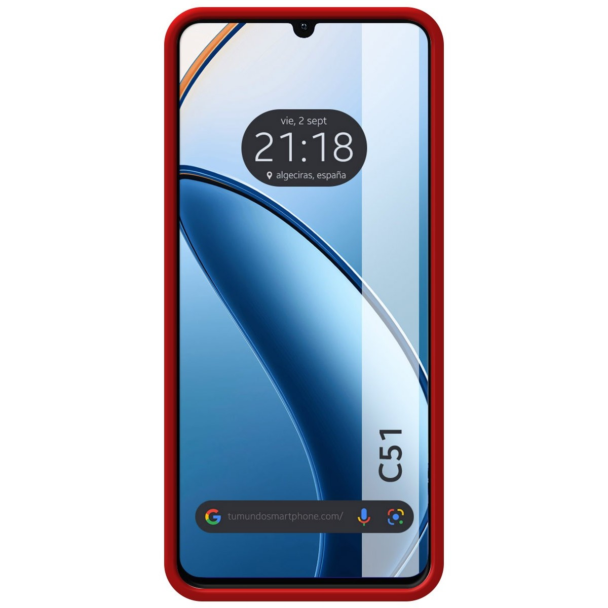 Telefono con custodia rossa. Il telefono mostra l'ora. È per un C51. Lo schermo mostra un design blu e bianco.