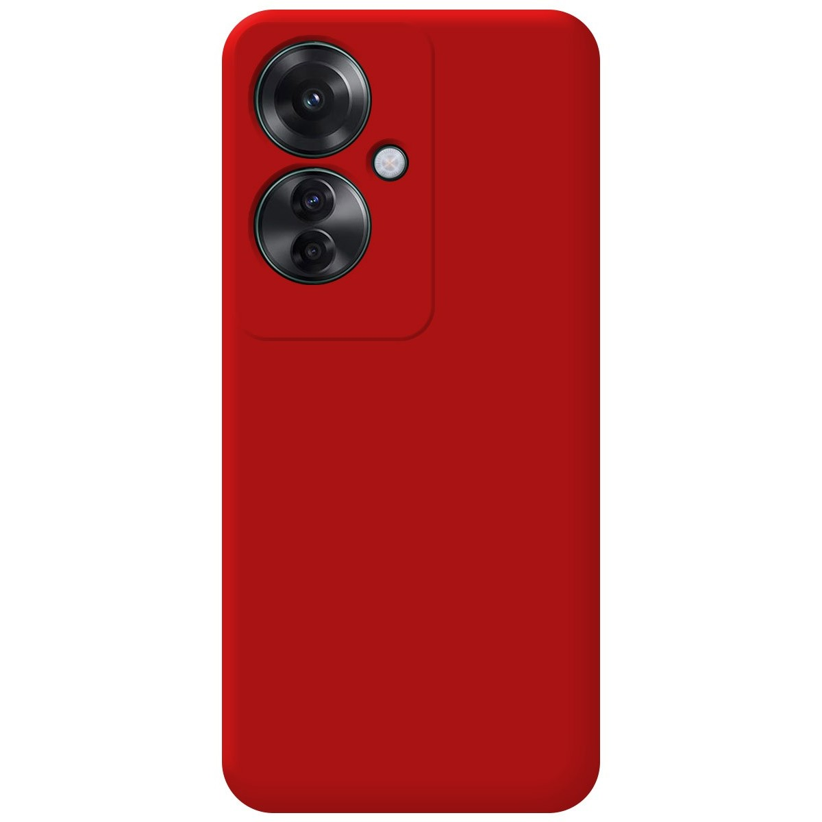 Una custodia per telefono rossa con due obiettivi e un piccolo punto bianco.