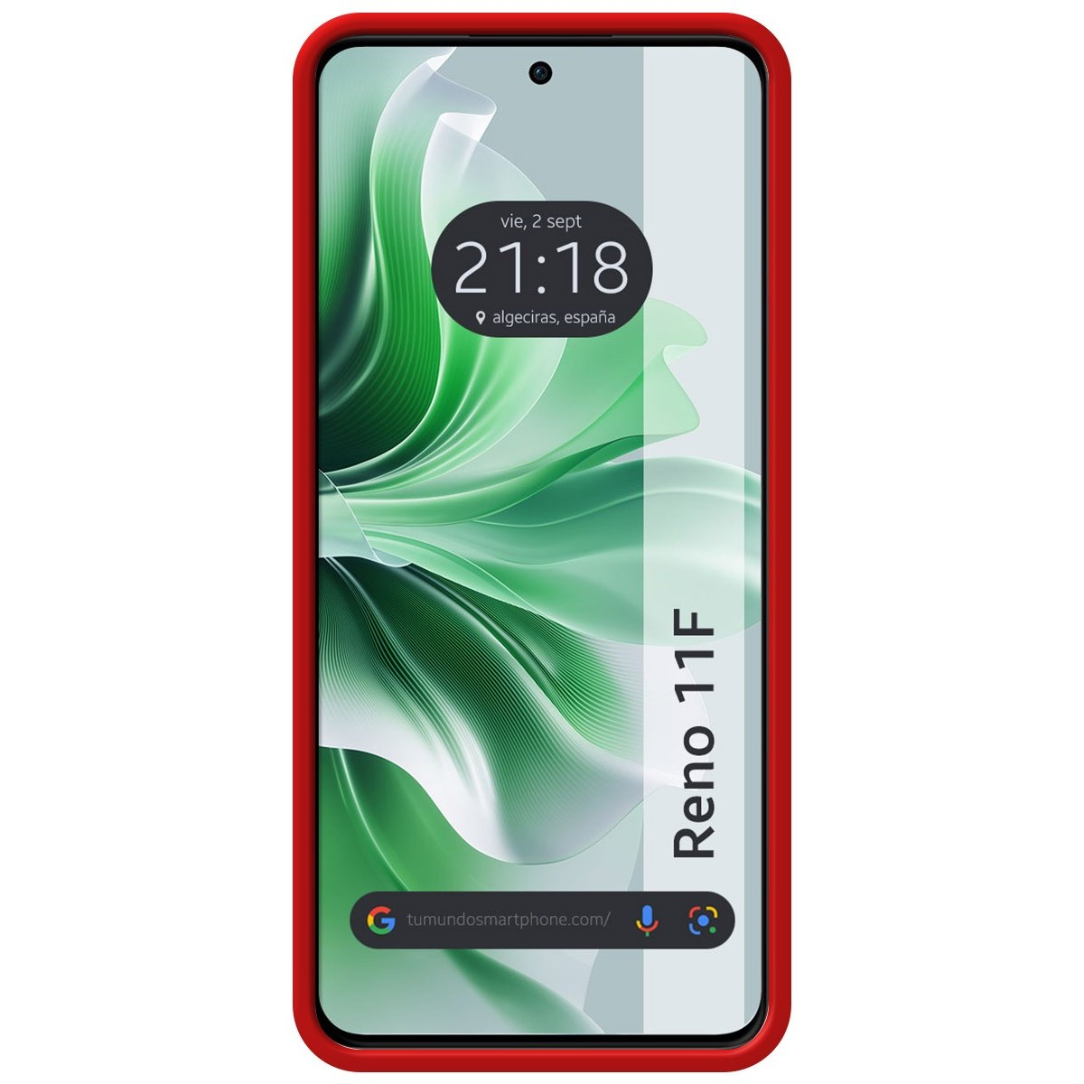 Custodia rossa per telefono con uno schermo che mostra l'ora e il testo 'Reno 11F'.