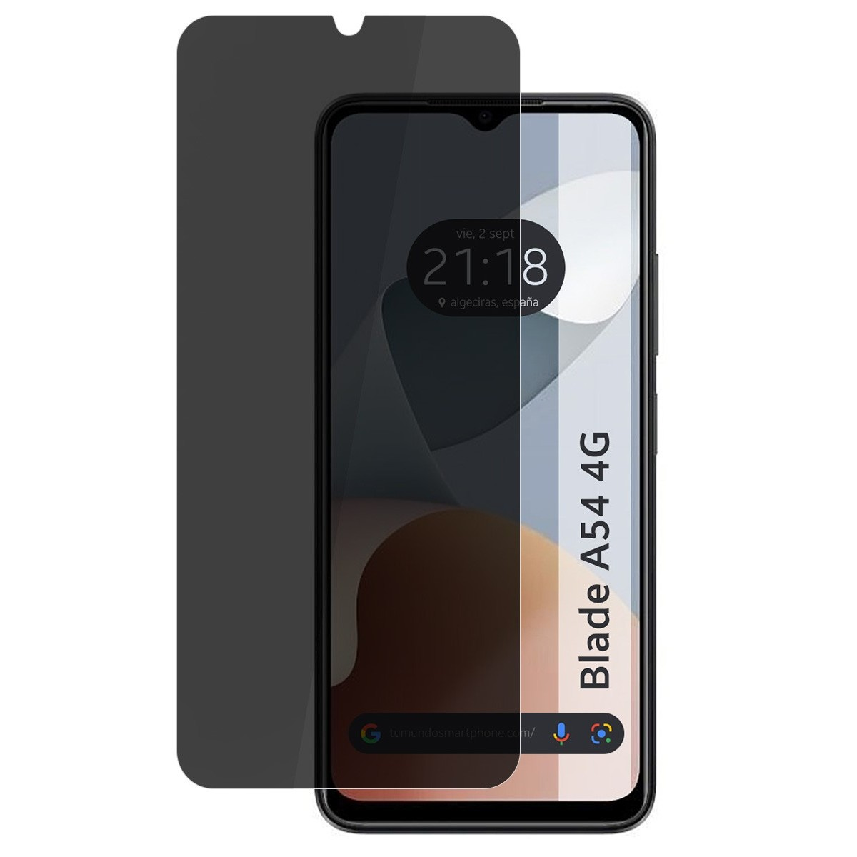 Schermo del telefono con visualizzazione dell'ora e schermo privacy. Testo Blade A54 4G.