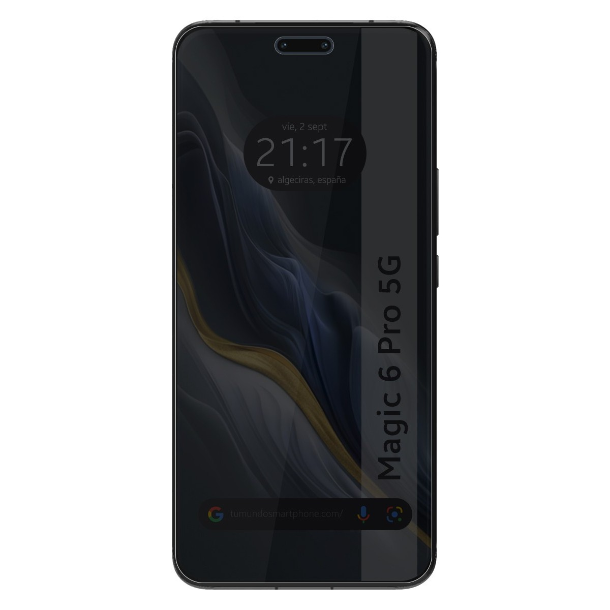 Telefono nero, Magic 6 Pro 5G, con sfondo scuro. Orario: 21:17. Luogo: Algeciras, Spagna.