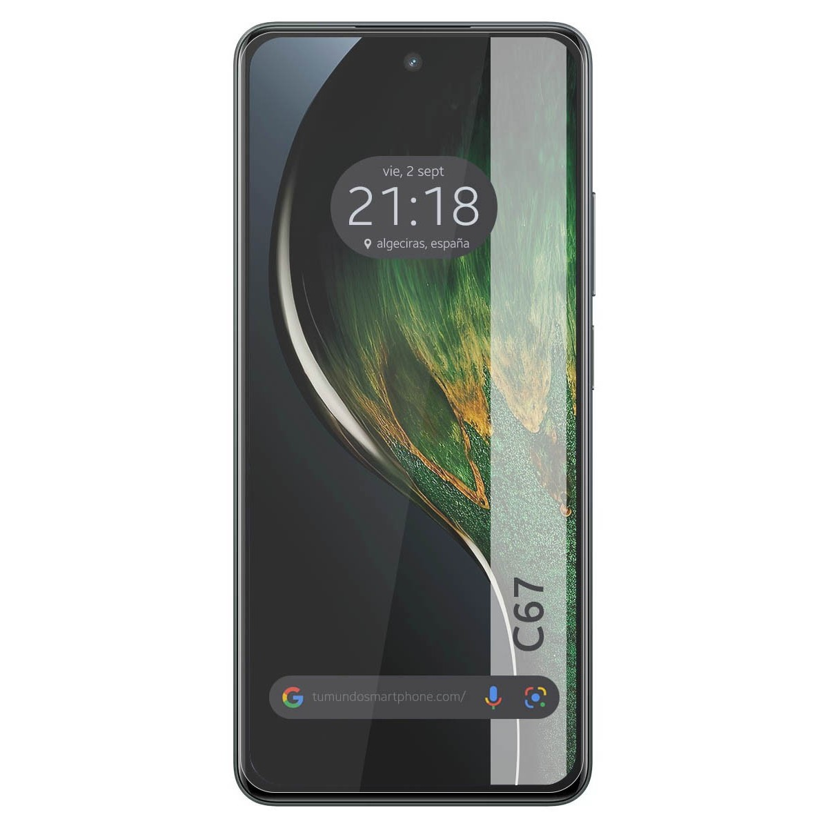 Telefono con schermo. Lo schermo mostra data e ora. Il telefono ha C67.