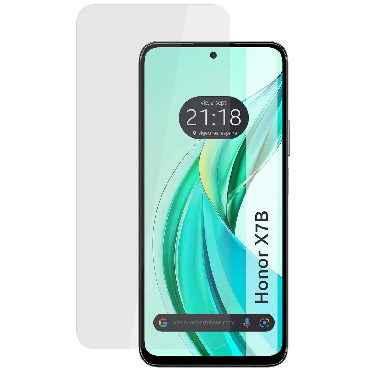 Una protezione schermo trasparente su un telefono. Il telefono mostra l'ora e il luogo.