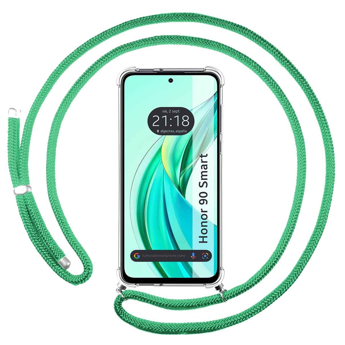 Telefono con cinturino verde. Il telefono mostra l'ora. La custodia è trasparente. È per un Honor 90 Smart.