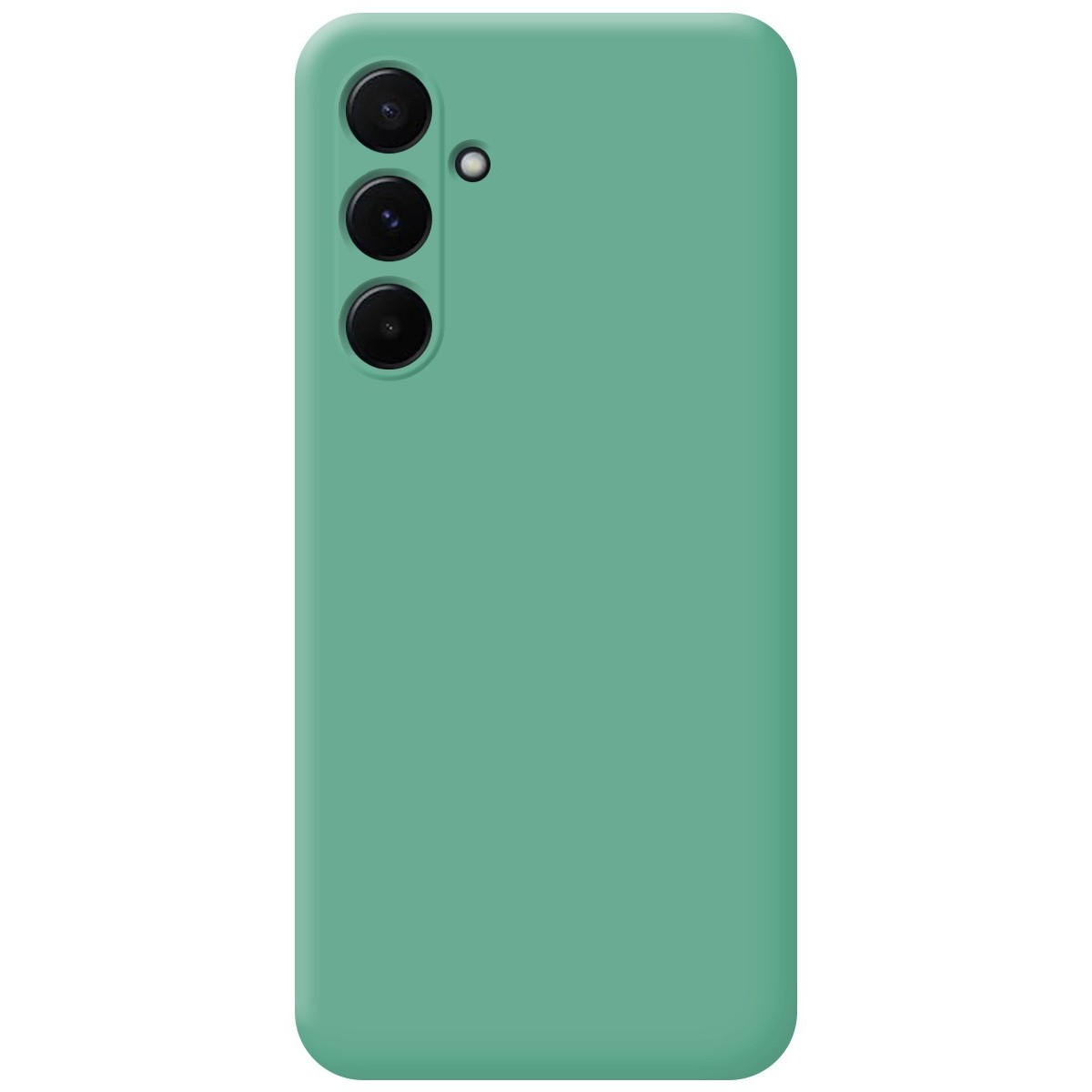 Funda de teléfono verde menta con tres cámaras. La parte trasera es verde liso.