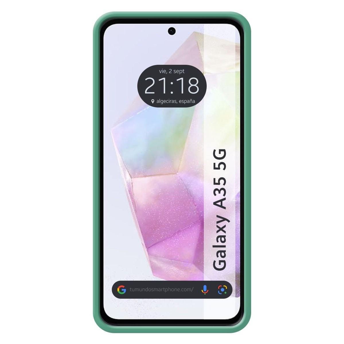 Teléfono con borde verde. La pantalla muestra la fecha, hora y el modelo del teléfono.