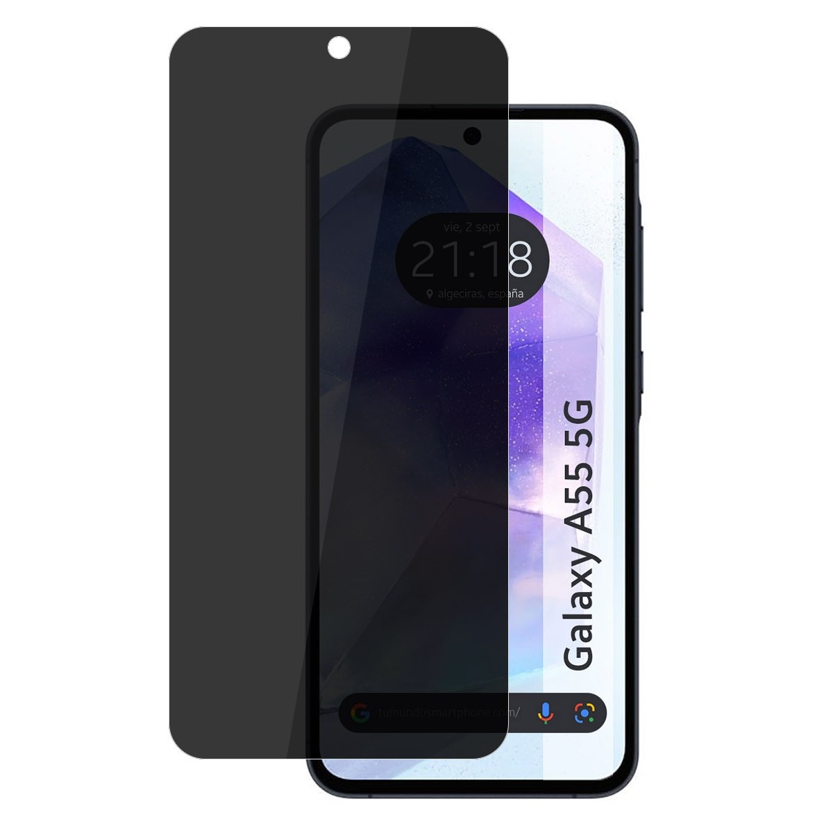Telefono Galaxy A55 5G con protezione schermo. Schermo nero, data e ora visualizzate.