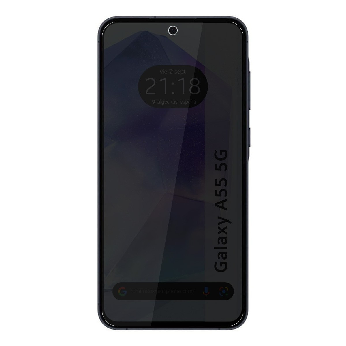 Telefono nero mostra ora, data e posizione. Mostra 'Galaxy A55 5G'.