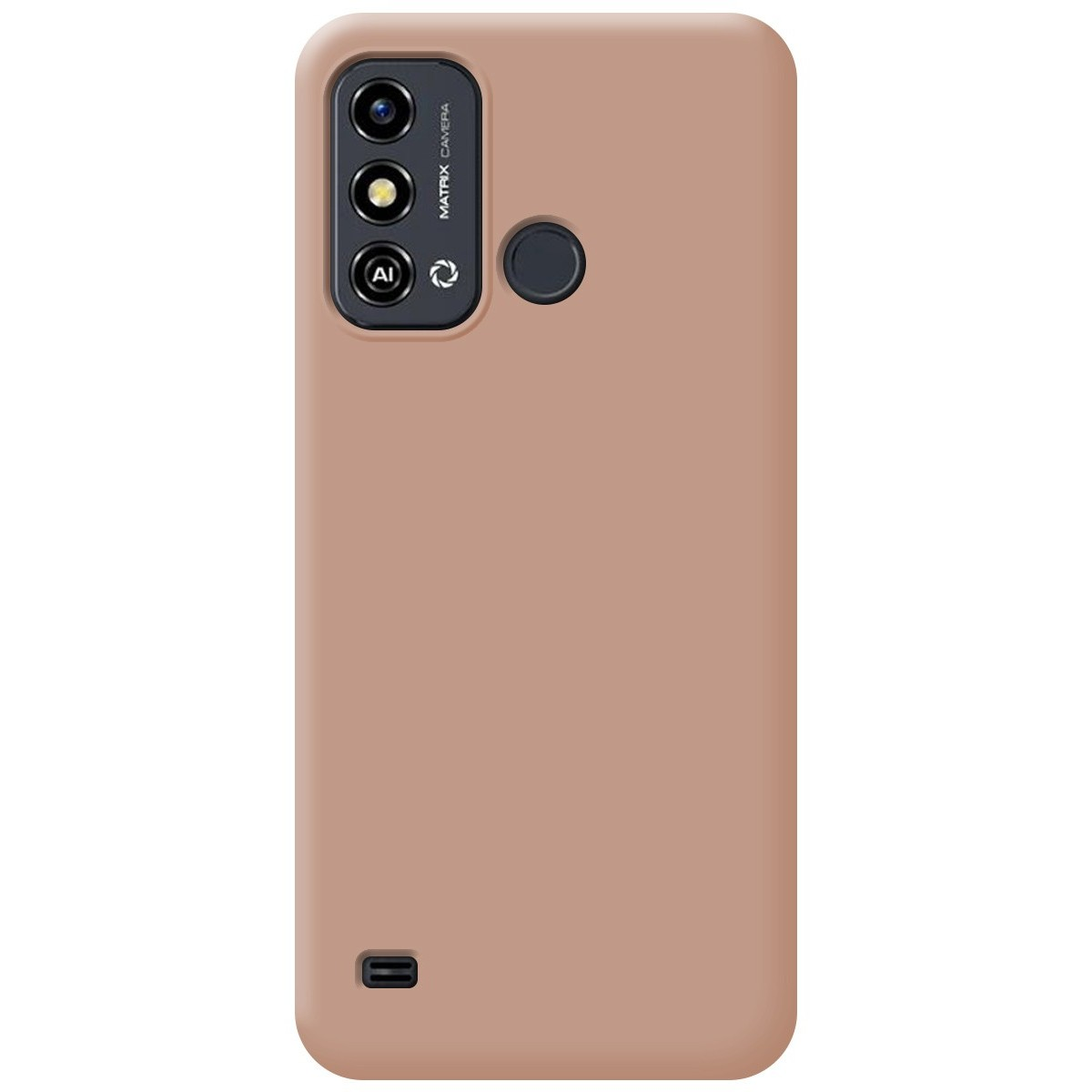 Una custodia per telefono marrone chiaro. La fotocamera e il flash sono in alto.