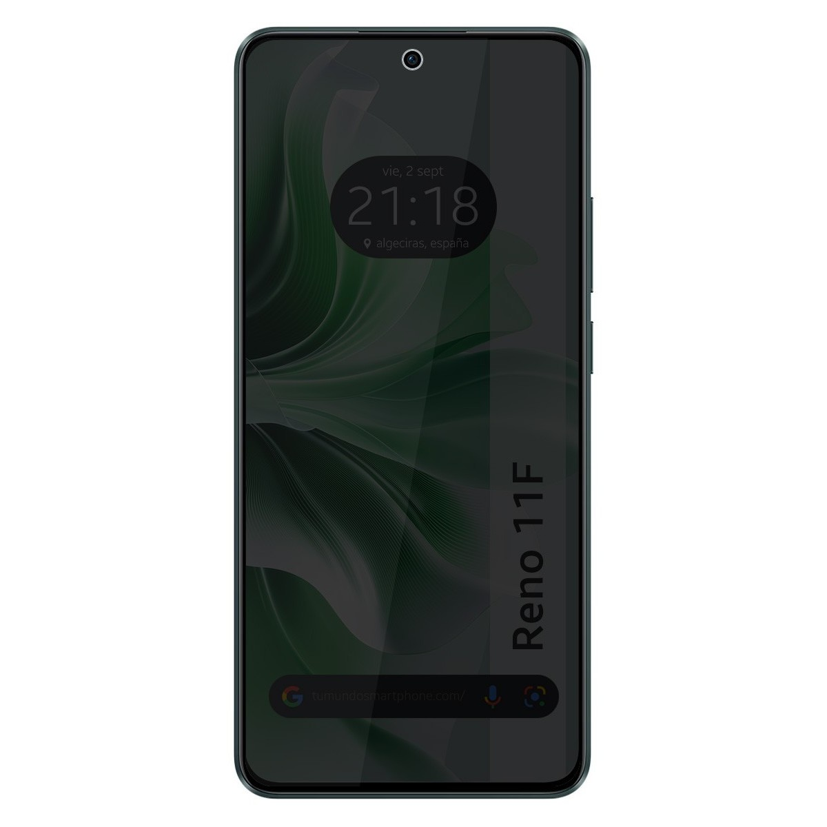 Schermo del telefono mostra ora e data, design verde astratto. Scritto Reno 11F.
