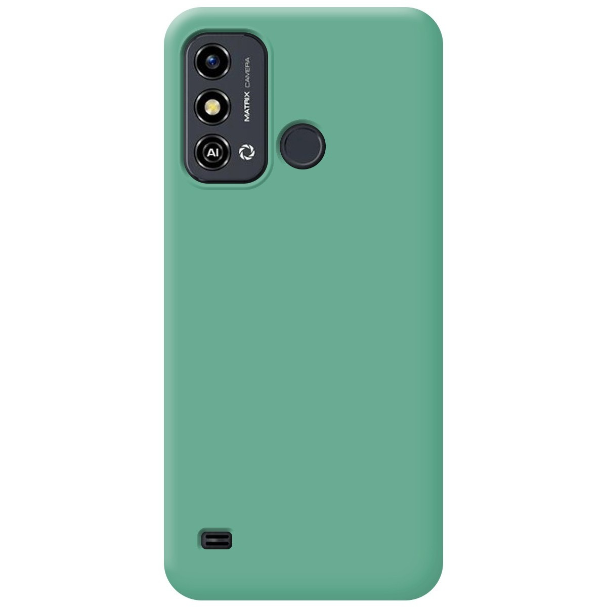 Custodia per telefono di colore verde. Il telefono ha una fotocamera e un flash.