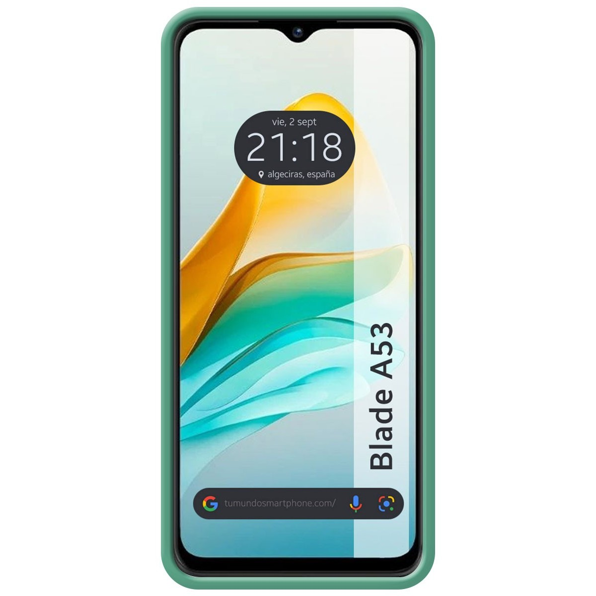 Un teléfono con una funda verde que muestra la fecha y la hora en su pantalla.