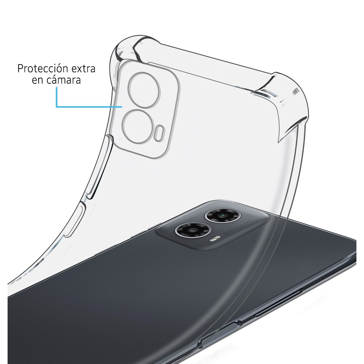 Telefono con custodia, il telefono è grigio. Una custodia trasparente copre il telefono. Protezione extra della fotocamera visibile.