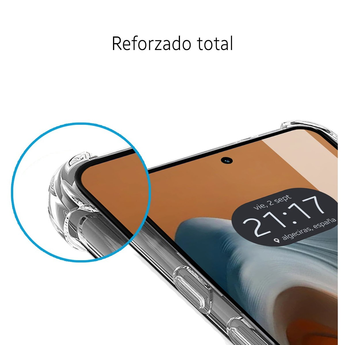 Primo piano di un telefono con custodia protettiva, che evidenzia i bordi rinforzati.
