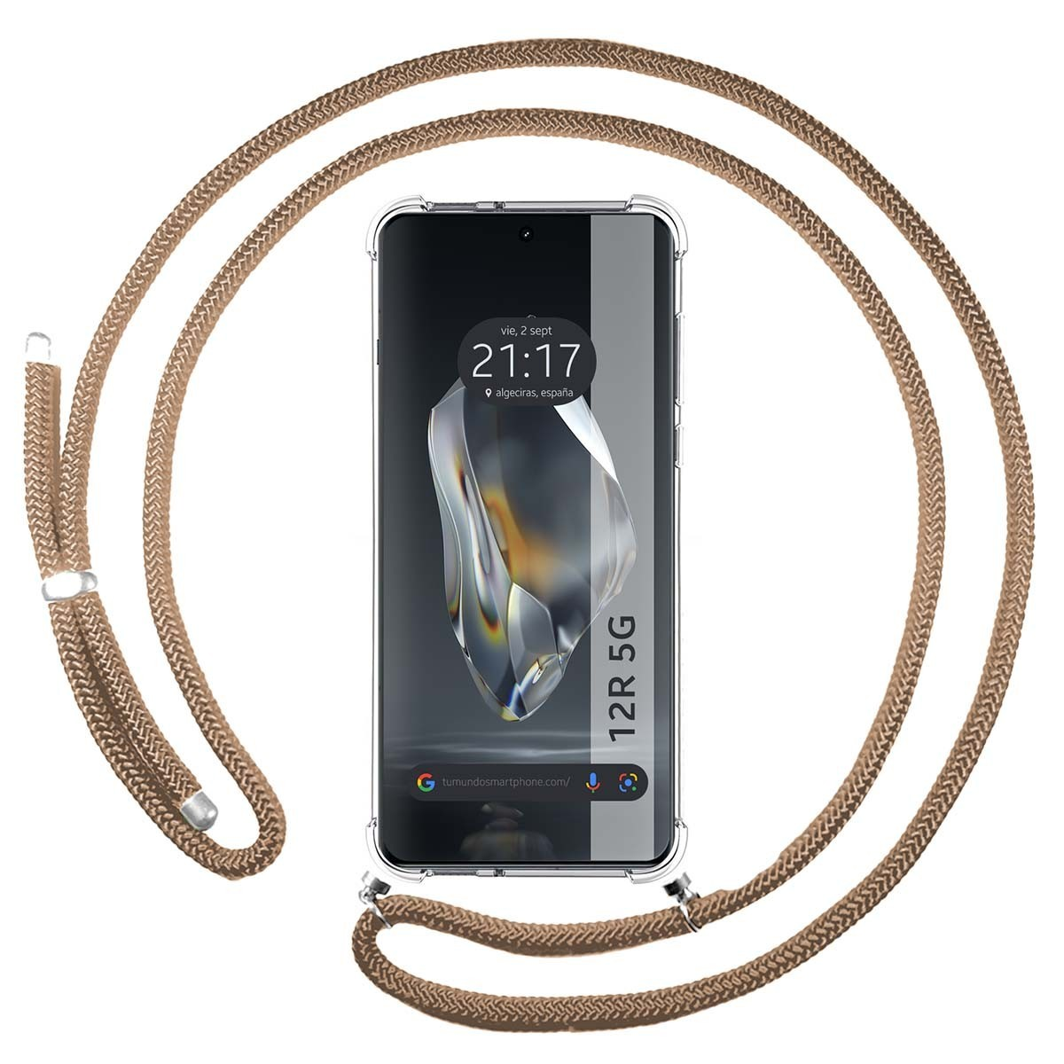 Telefono con cordino marrone. Lo schermo mostra ora e luogo, con '12R 5G'.