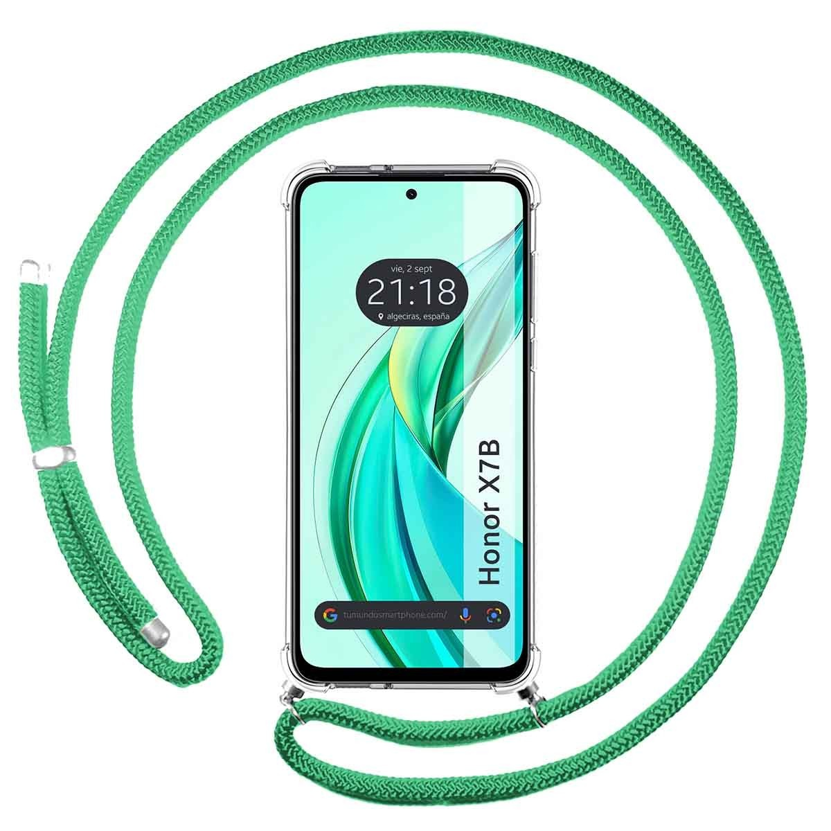 Cavo telefonico verde attorno a un telefono che mostra ora e posizione, con sfondo verde e bianco.