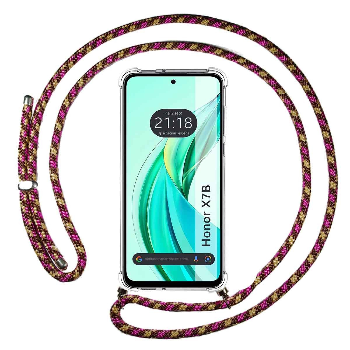 Telefono con cinturino, display mostra ora e posizione. Cinturino rosa e marrone.