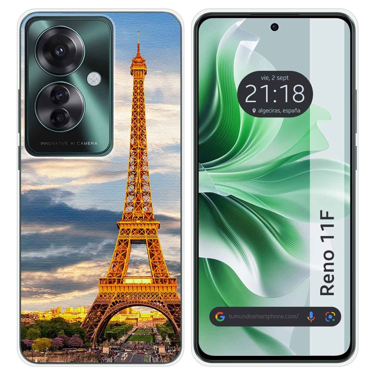 Una funda de smartphone con la Torre Eiffel. El teléfono muestra la hora. El teléfono es un Reno 11F.